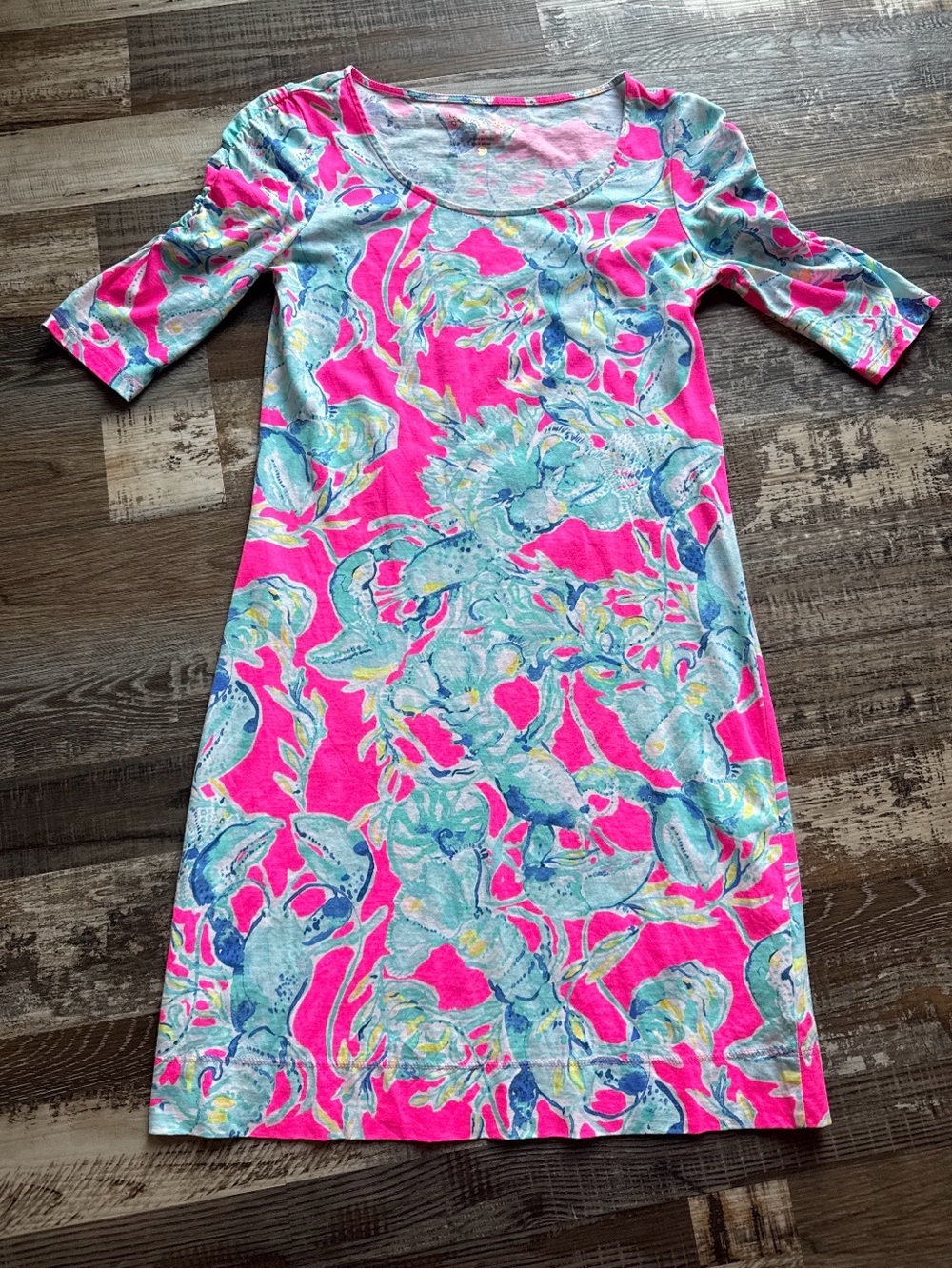 Lilly Pulitzer Hot Pink and Aqua Floral Midi Scoop-Neck Dress